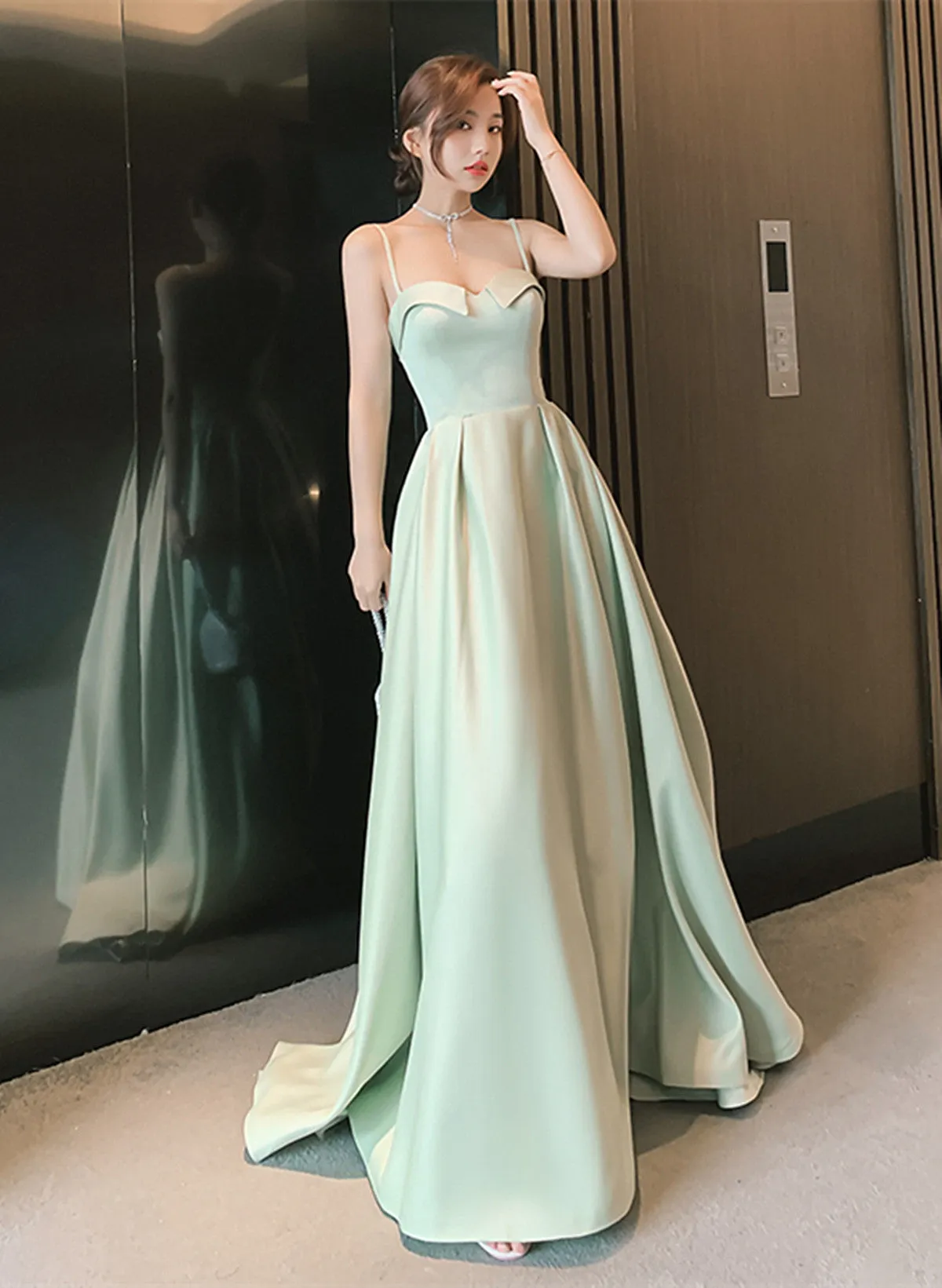 Simple Sweetheart Straps Satin Long Party Dress, A-line Satin Green Prom Dress