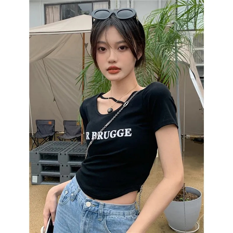 Slimming Slim-Fit Cropped Irregular Short Sleeve Tee