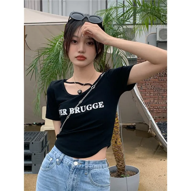 Slimming Slim-Fit Cropped Irregular Short Sleeve Tee