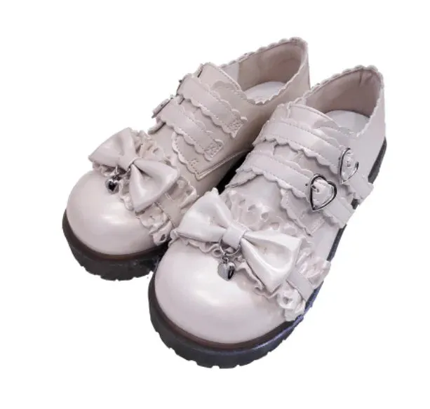 Sohiwoo Japanese student sweet lolita shoes vintage round head low heel women shoes cute lace ruffle bowknot kawaii shoes loli cosplay