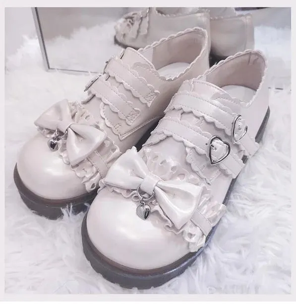 Sohiwoo Japanese student sweet lolita shoes vintage round head low heel women shoes cute lace ruffle bowknot kawaii shoes loli cosplay