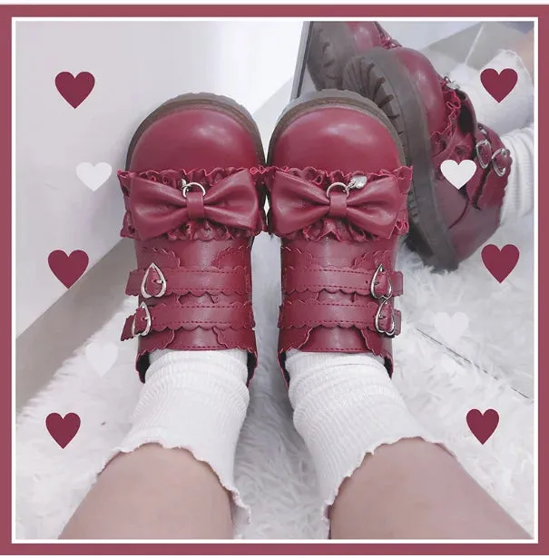 Sohiwoo Japanese student sweet lolita shoes vintage round head low heel women shoes cute lace ruffle bowknot kawaii shoes loli cosplay