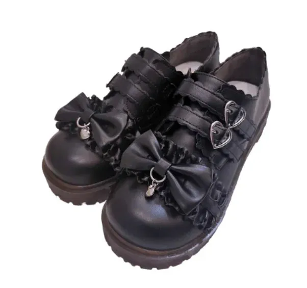 Sohiwoo Japanese student sweet lolita shoes vintage round head low heel women shoes cute lace ruffle bowknot kawaii shoes loli cosplay