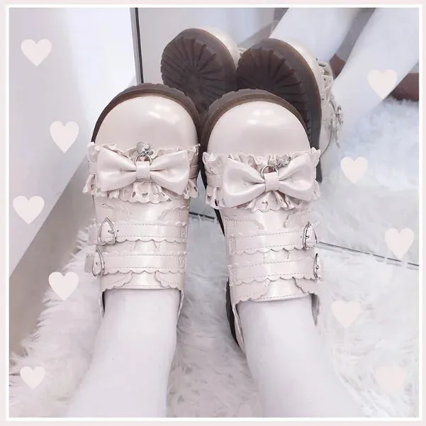 Sohiwoo Japanese student sweet lolita shoes vintage round head low heel women shoes cute lace ruffle bowknot kawaii shoes loli cosplay