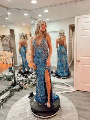 Spaghetti Straps Mermaid Sequins Long Prom Dress Sparkly Blue Formal Dresses Evening Dress KPY029