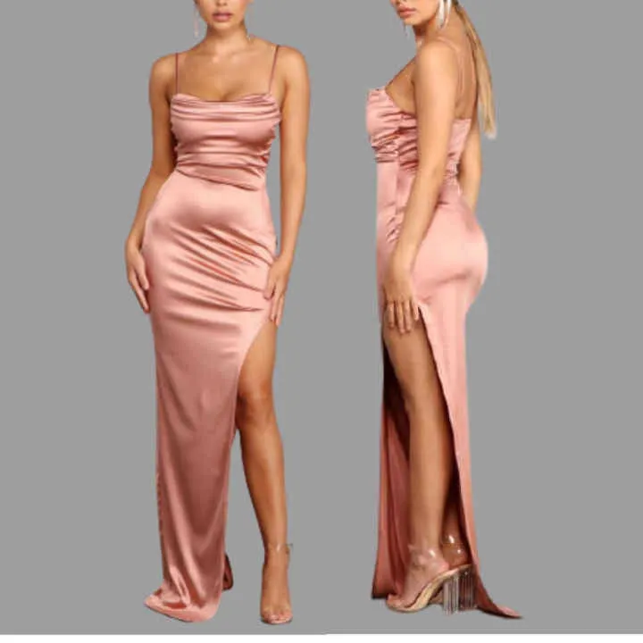 Spaghetti Straps Rose Gold Long Prom Dress with Slit #JKW124