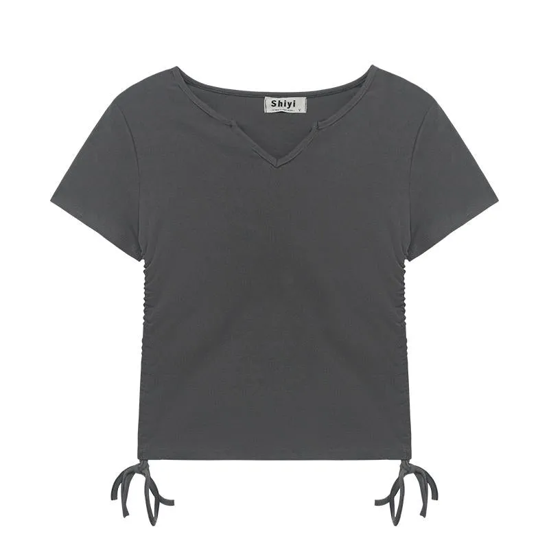 Spandex Regular Shoulder V-Neck Ribbed Fiber Short Sleeve Tee