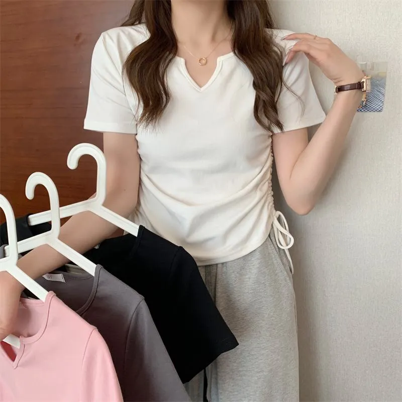 Spandex Regular Shoulder V-Neck Ribbed Fiber Short Sleeve Tee