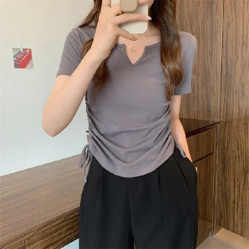 Spandex Regular Shoulder V-Neck Ribbed Fiber Short Sleeve Tee