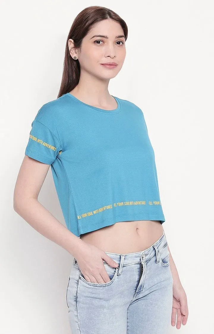 Spykar Women Blue Viscose Slim Fit Round Neck Crop T-Shirts