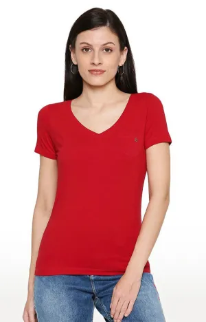 Spykar Women Cotton Red T-Shirt