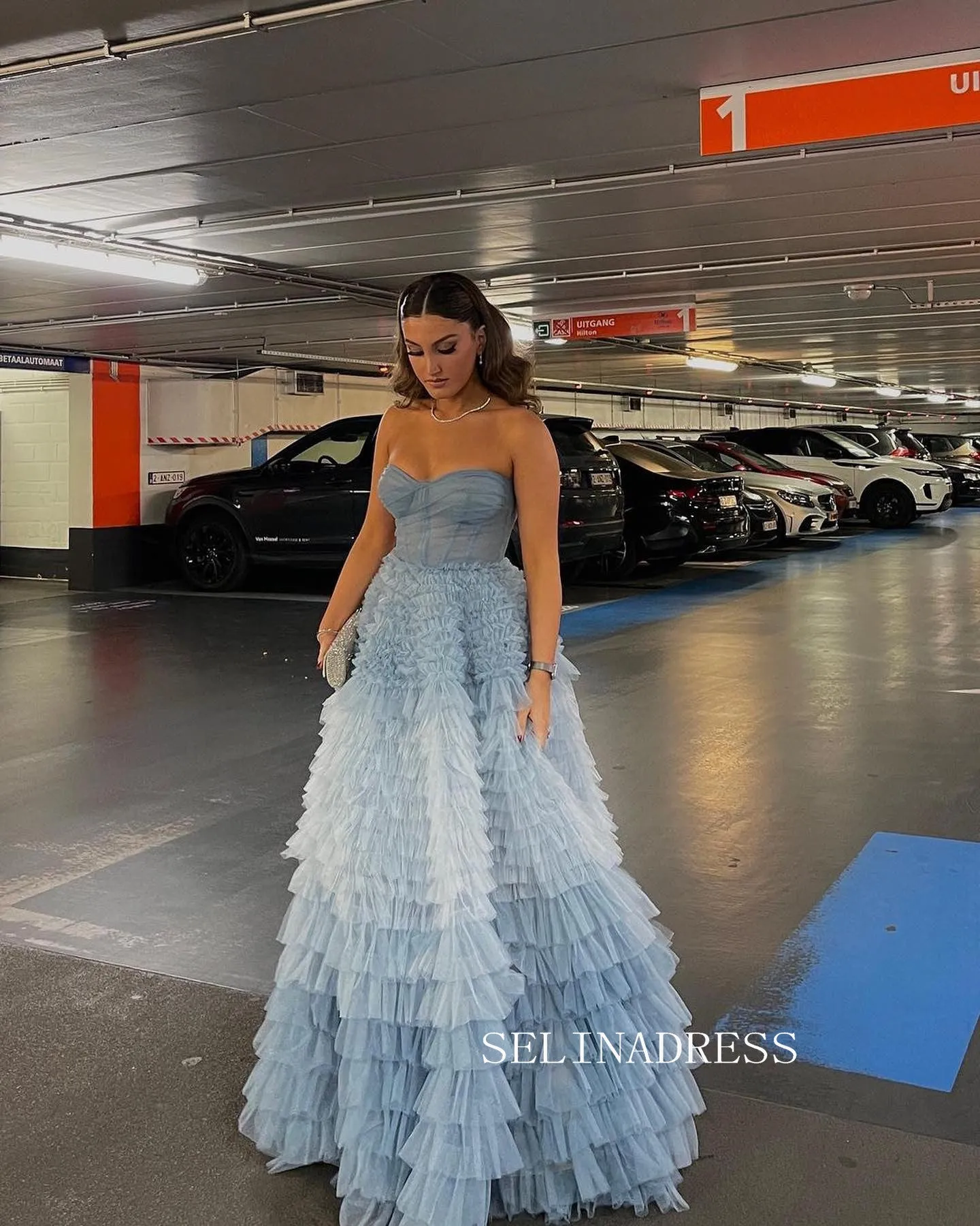 Strapless Gorgeous Frill Layered Ball Gown Sweetheart Blue Evening Dress Formal Dress #JKW005