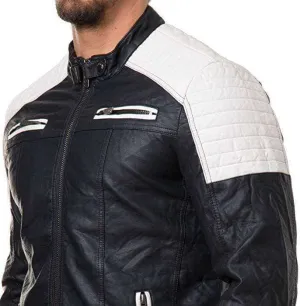 Stylish White & Black Real Leather Pocket Men's Jacket