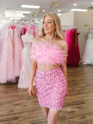 Two Pieces Pink Feather Homecoming Dresses Beaded Tight Cocktail Dresses #TKL0144