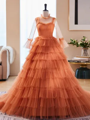 Unique High Neck Tulle Long Prom Dresses Orange Formal Evening Dresses