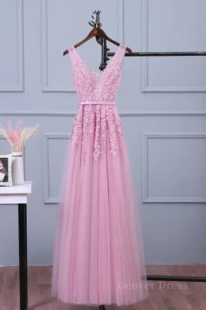 V Neck Pink Lace Prom Dresses Pink V Neck Lace Bridesmaid Formal Dresses