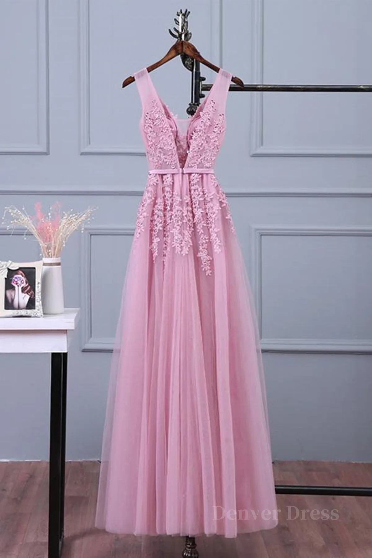 V Neck Pink Lace Prom Dresses Pink V Neck Lace Bridesmaid Formal Dresses