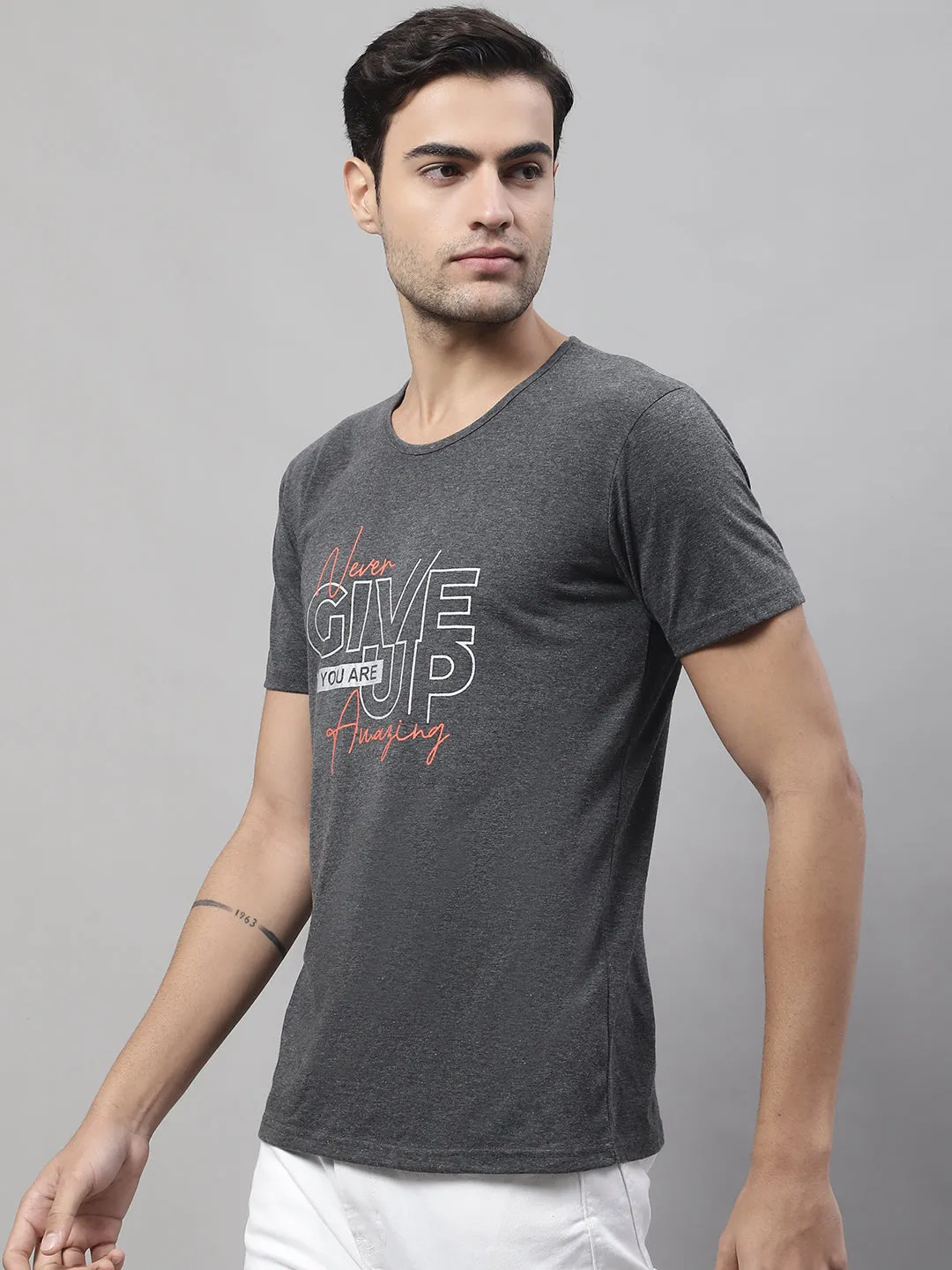 Vimal Jonney Round Neck Cotton Printed Anthracite T-Shirt for Men