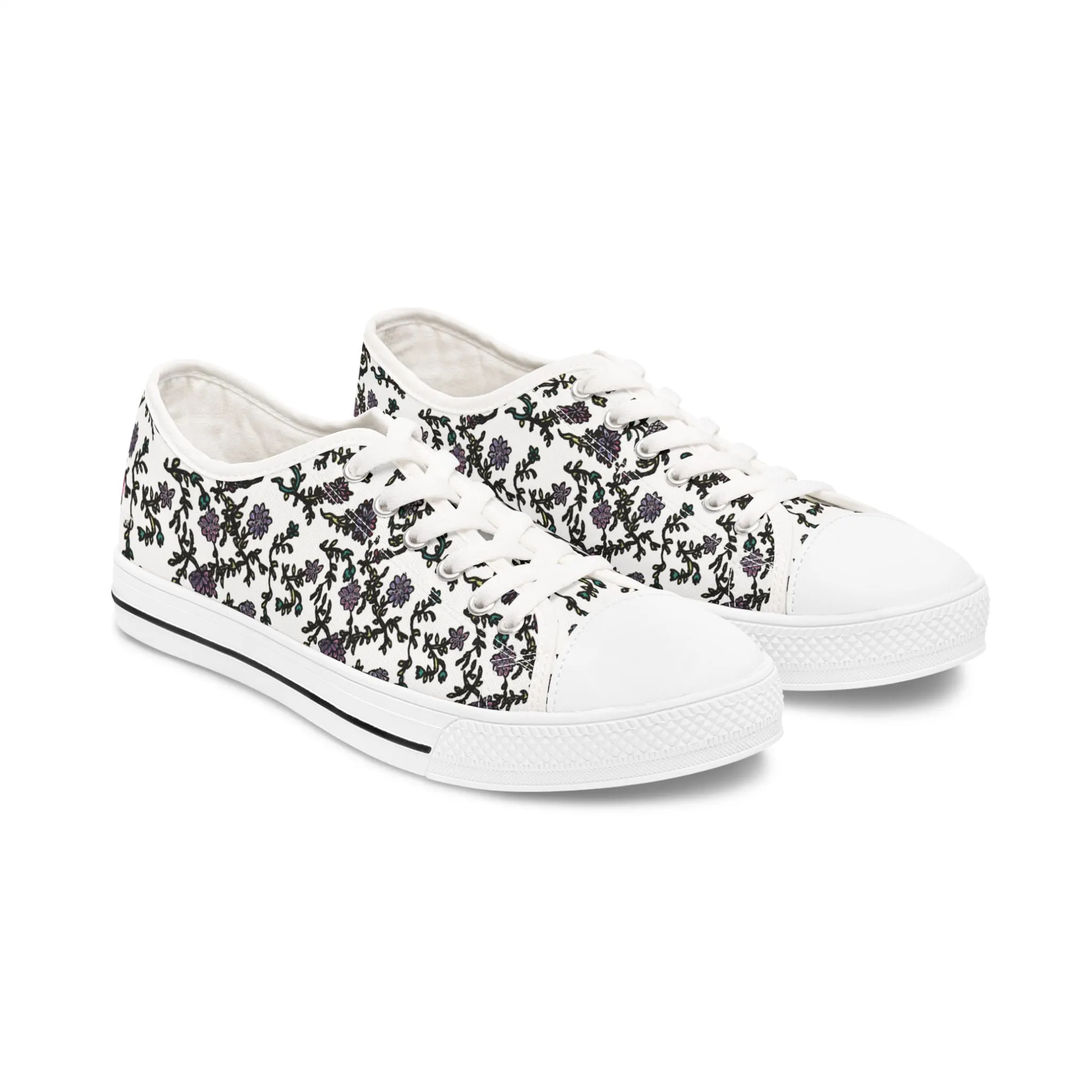 White Purple Floral Women's Sneakers, Floral Print Best Women's Low Top Canvas Sneakers (US Size: 5.5-12)