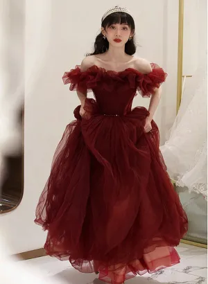 Wine Red Tulle Off Shoulder Long Party Dress, Wine Red Tulle Prom Dress