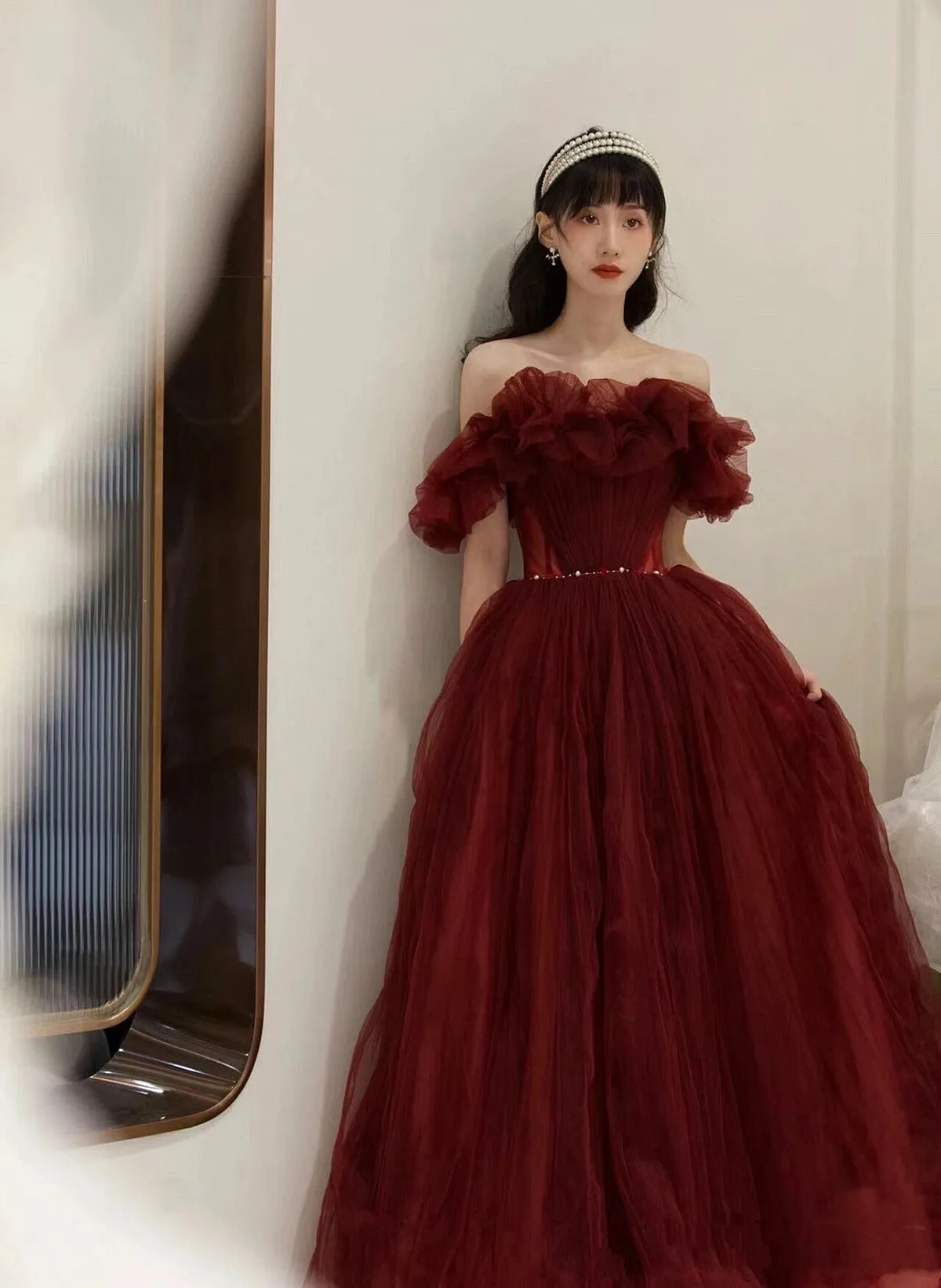 Wine Red Tulle Off Shoulder Long Party Dress, Wine Red Tulle Prom Dress