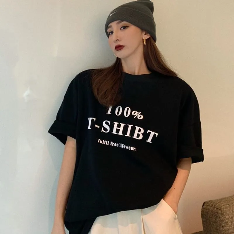 Women's T-Shirt Pure Cotton Loose Fit Letter Midi Short Sleeve Tee