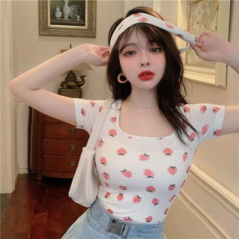 Women's T-Shirt Square Collar Cropped Short Sleeve Tee