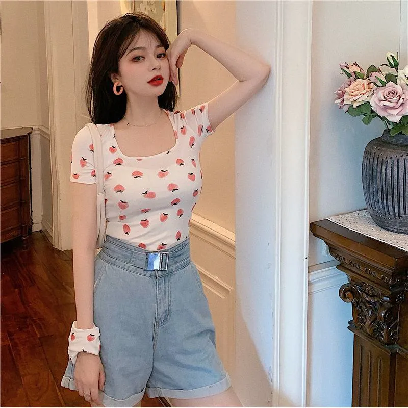 Women's T-Shirt Square Collar Cropped Short Sleeve Tee