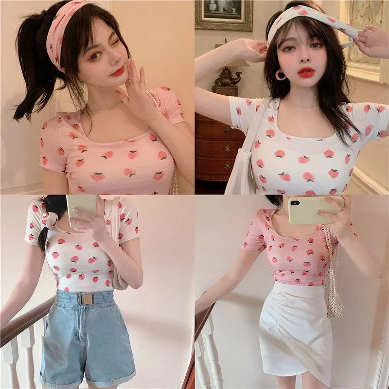 Women's T-Shirt Square Collar Cropped Short Sleeve Tee