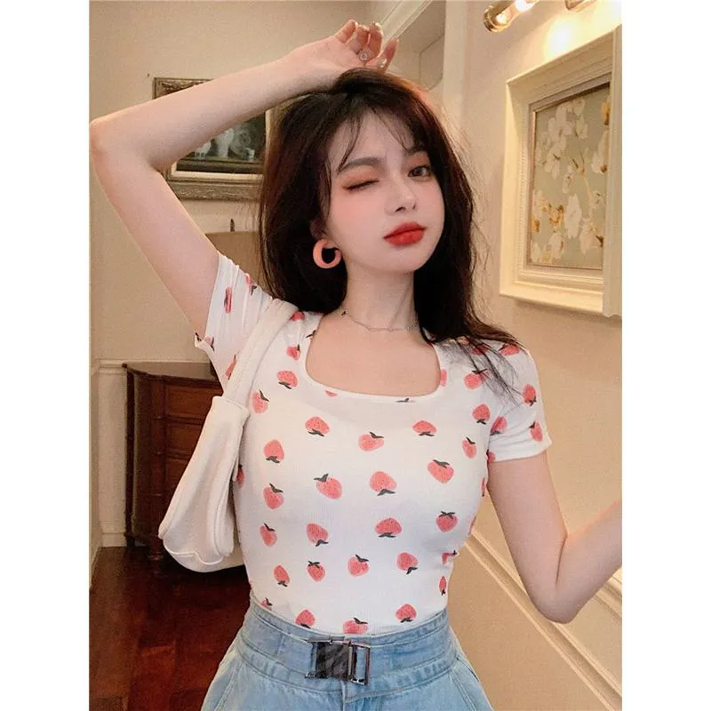 Women's T-Shirt Square Collar Cropped Short Sleeve Tee