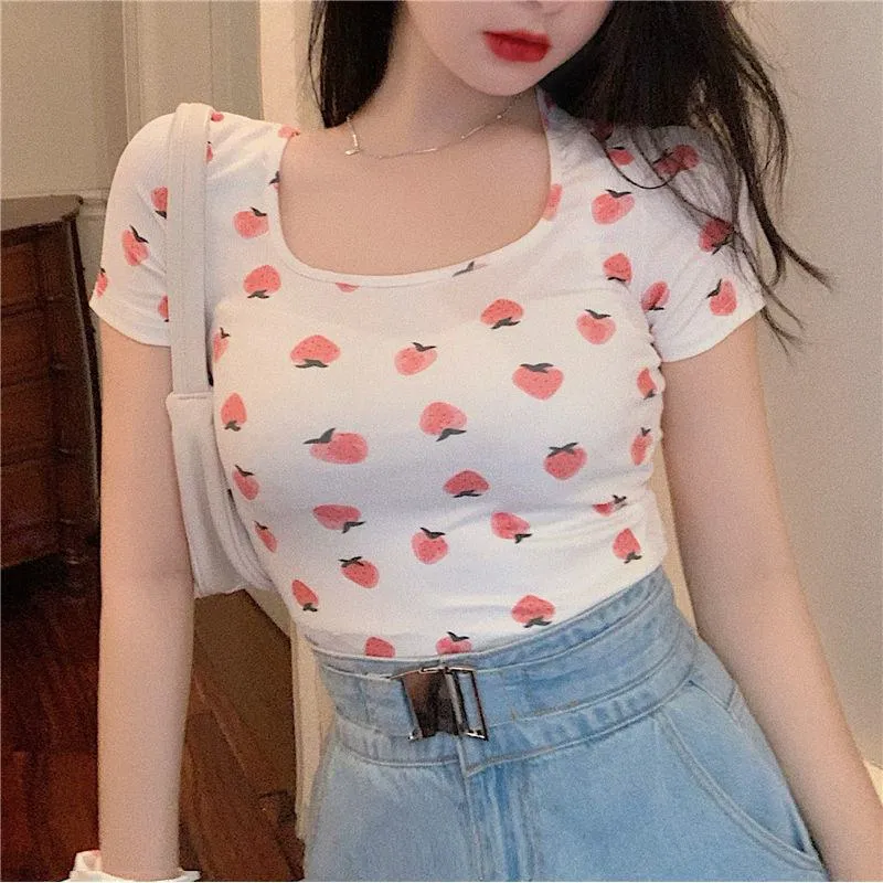 Women's T-Shirt Square Collar Cropped Short Sleeve Tee