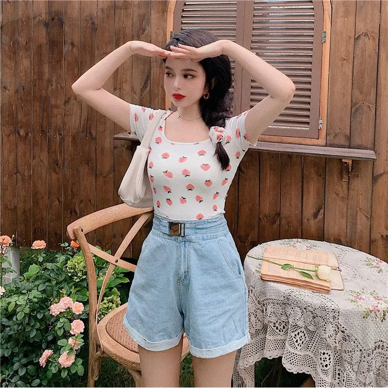 Women's T-Shirt Square Collar Cropped Short Sleeve Tee